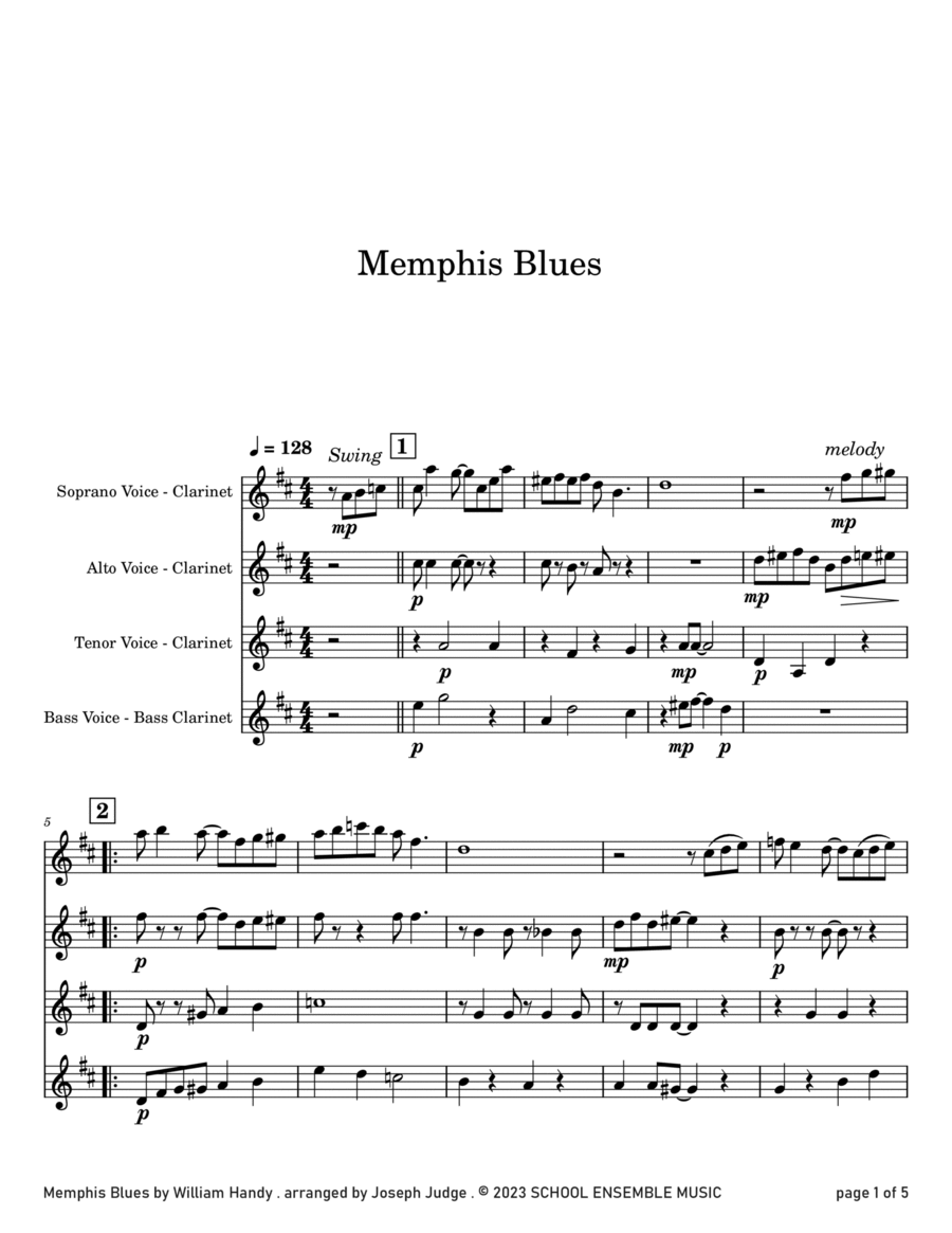 Memphis Blues by Handy for Clarinet Quartet in Schools Clarinet Quartet scores gallery preview page 1