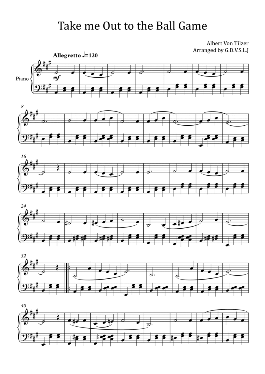 Take me Out to the Ball Game in A Easy Piano scores gallery preview page 1