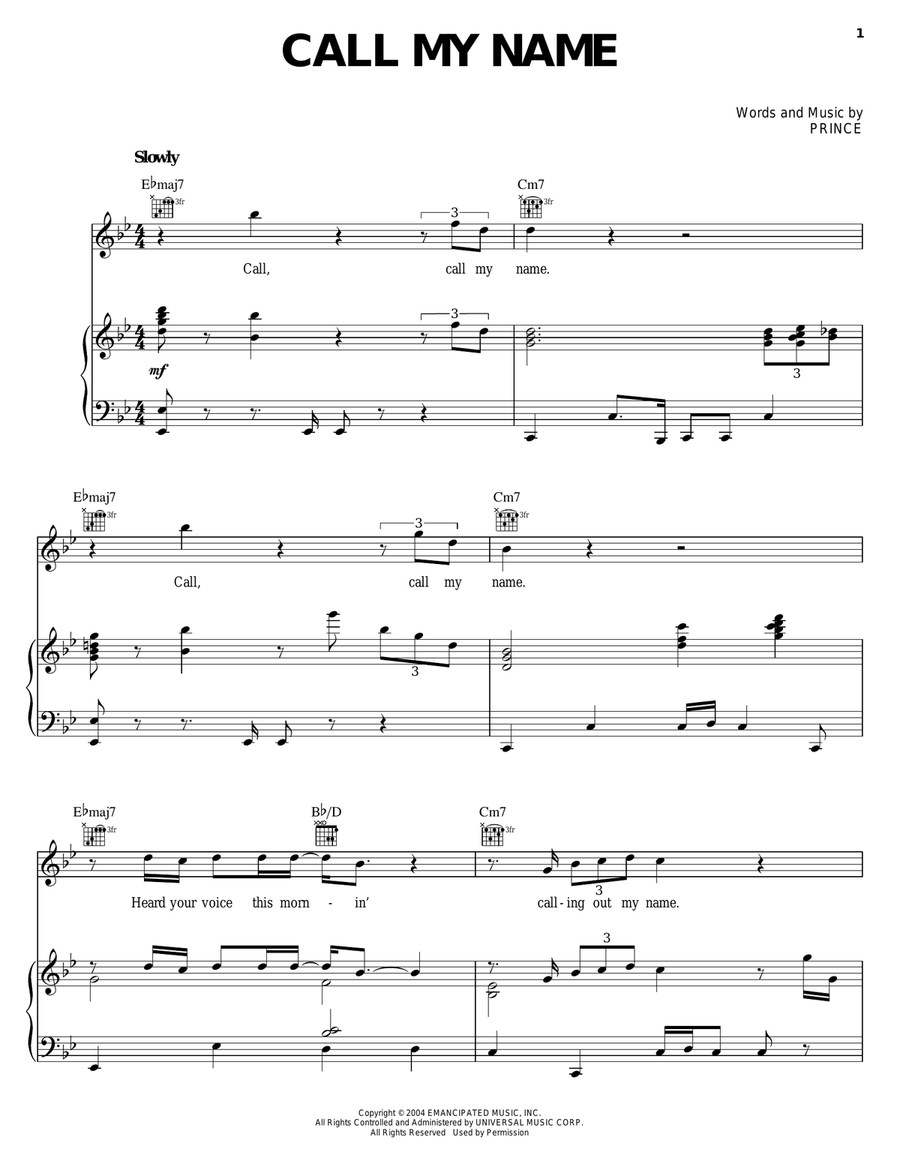Call My Name Piano, Vocal, Guitar scores gallery preview page 1