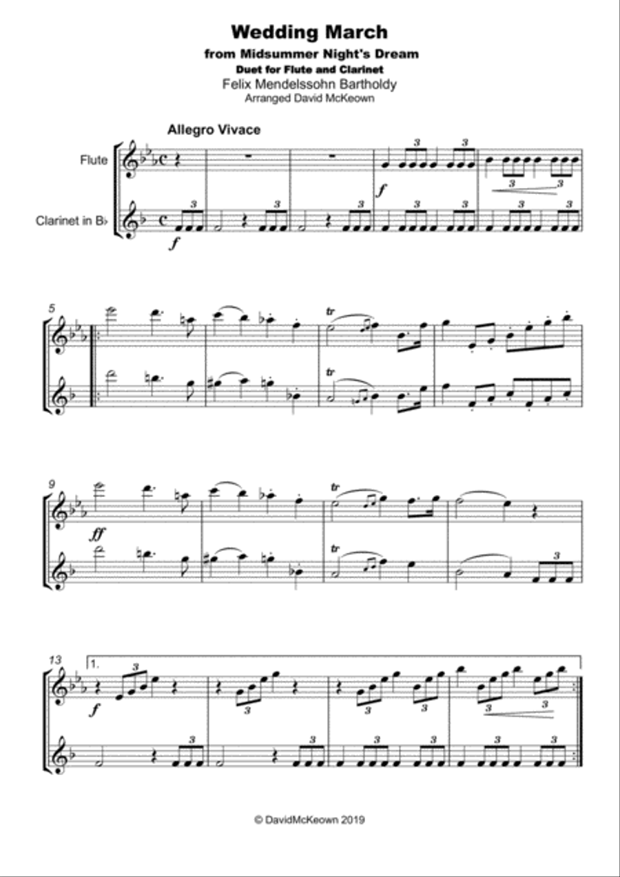 Wedding March by Mendelssohn, Flute and Clarinet Duet Woodwind Duet scores gallery preview page 2