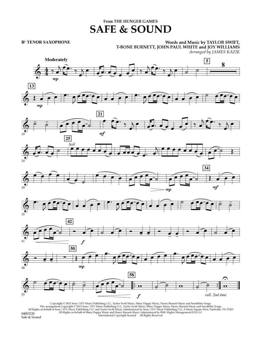 Safe & Sound (from The Hunger Games) - Bb Tenor Saxophone Concert Band scores gallery preview page 1