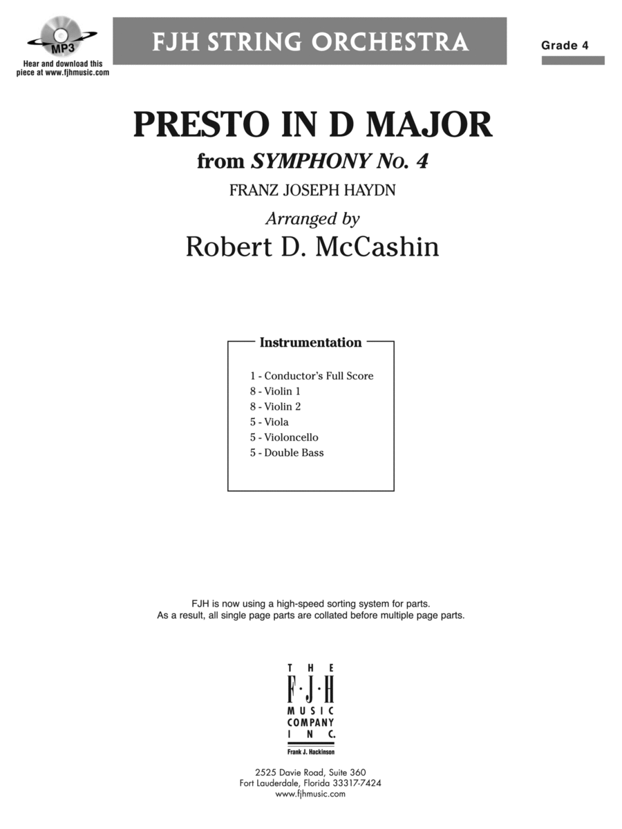 Book cover for Presto in D Major: Score