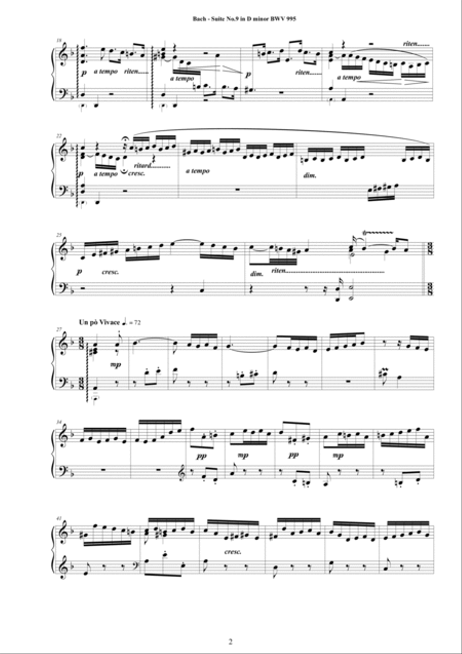 Bach - Piano Suite No.9 in D minor BWV 995 - Complete Piano version Piano Solo scores gallery preview page 2