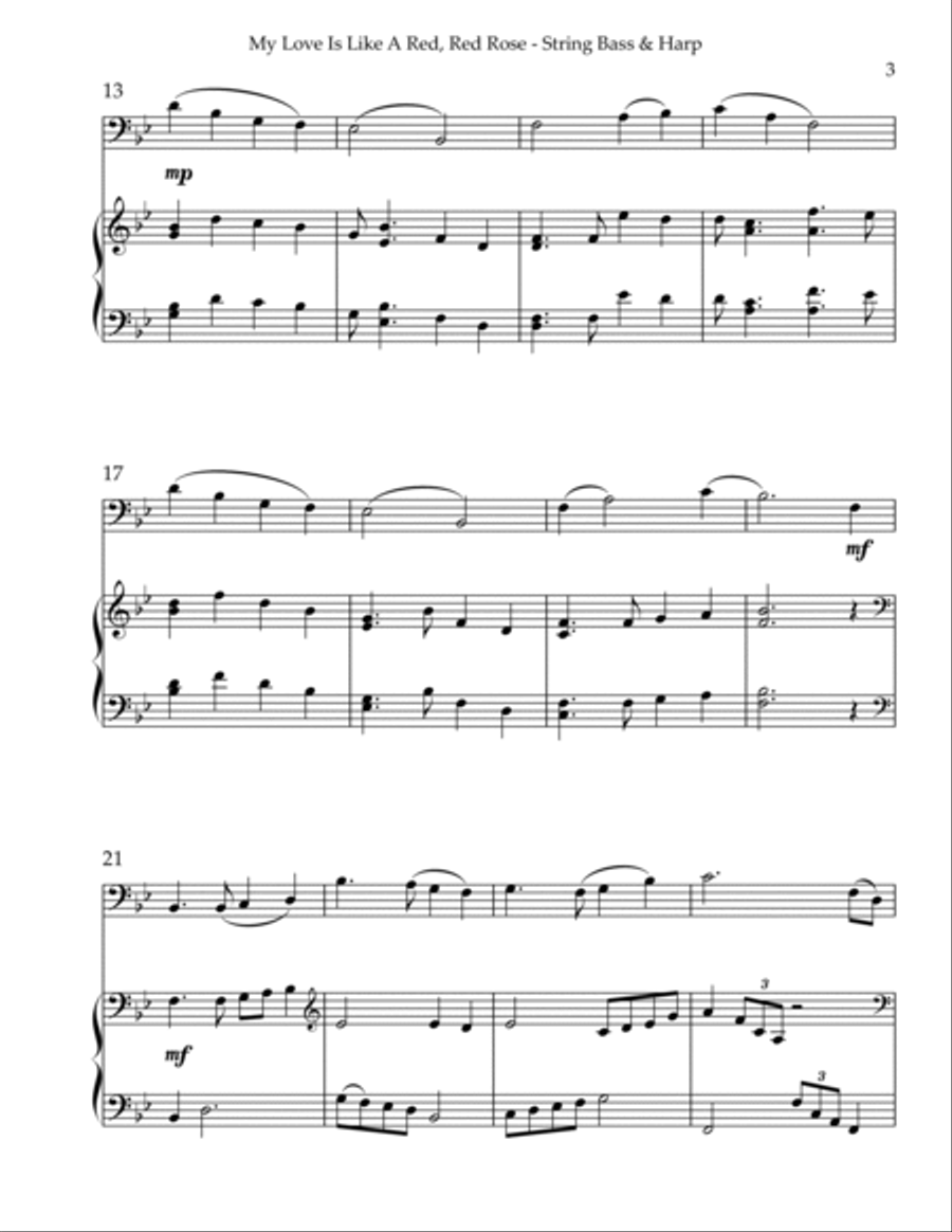 My Love Is Like A Red, Red Rose, Duet for String Bass & Harp String Duet scores gallery preview page 3