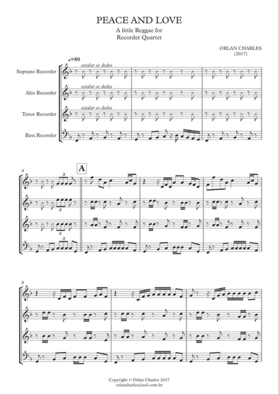Peace and Love (a little reggae for recorder quartet) Woodwind Quartet scores gallery preview page 3
