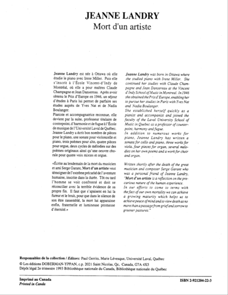Mort d'un artiste Piano Solo scores gallery preview page 1