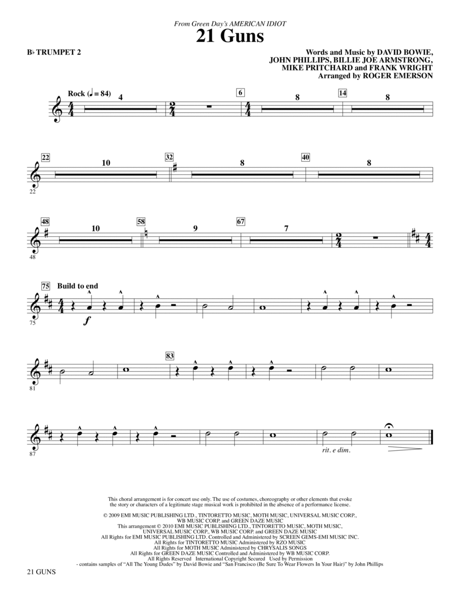 21 Guns (from American Idiot) (arr. Roger Emerson) - Trumpet 2 Choir scores gallery preview page 1