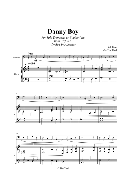 Danny Boy for Solo Trombone/Euphonium in C (bass clef) and Piano. Version in A Minor image number null