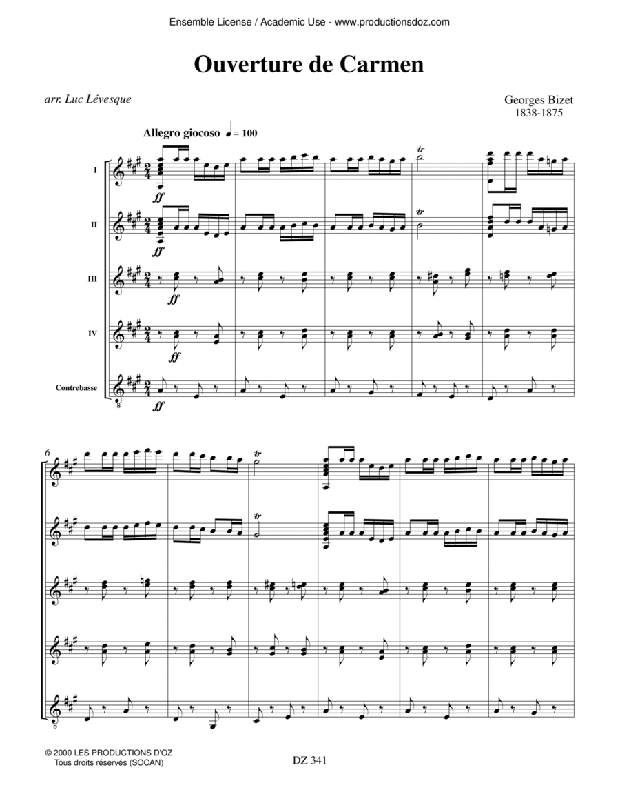 Ouverture de Carmen Guitar Ensemble scores gallery preview page 1