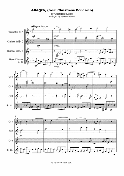 Christmas Concerto, Allegro, by Corelli; for Clarinet Quartet or Choir