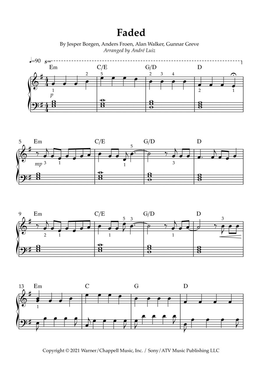 Faded Piano Solo scores gallery preview page 1