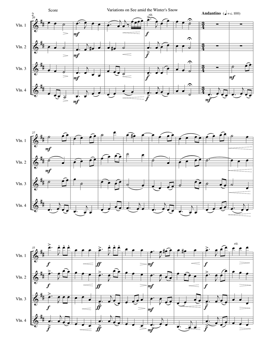 Variations on See amid the Winter's Snow for violin quartet Violin Solo scores gallery preview page 2