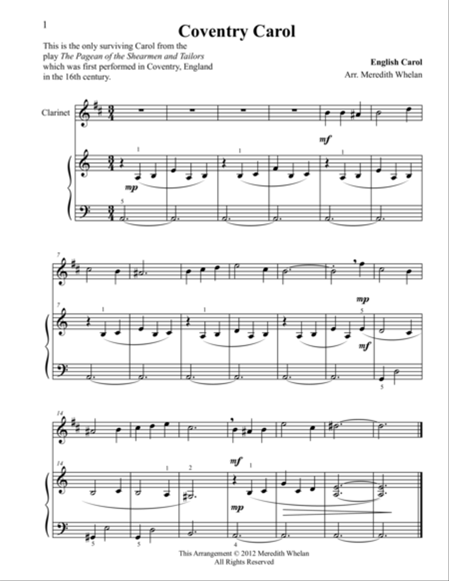 Christmas Duets for Clarinet & Piano: Coventry Carol Woodwind Duet scores gallery preview page 1
