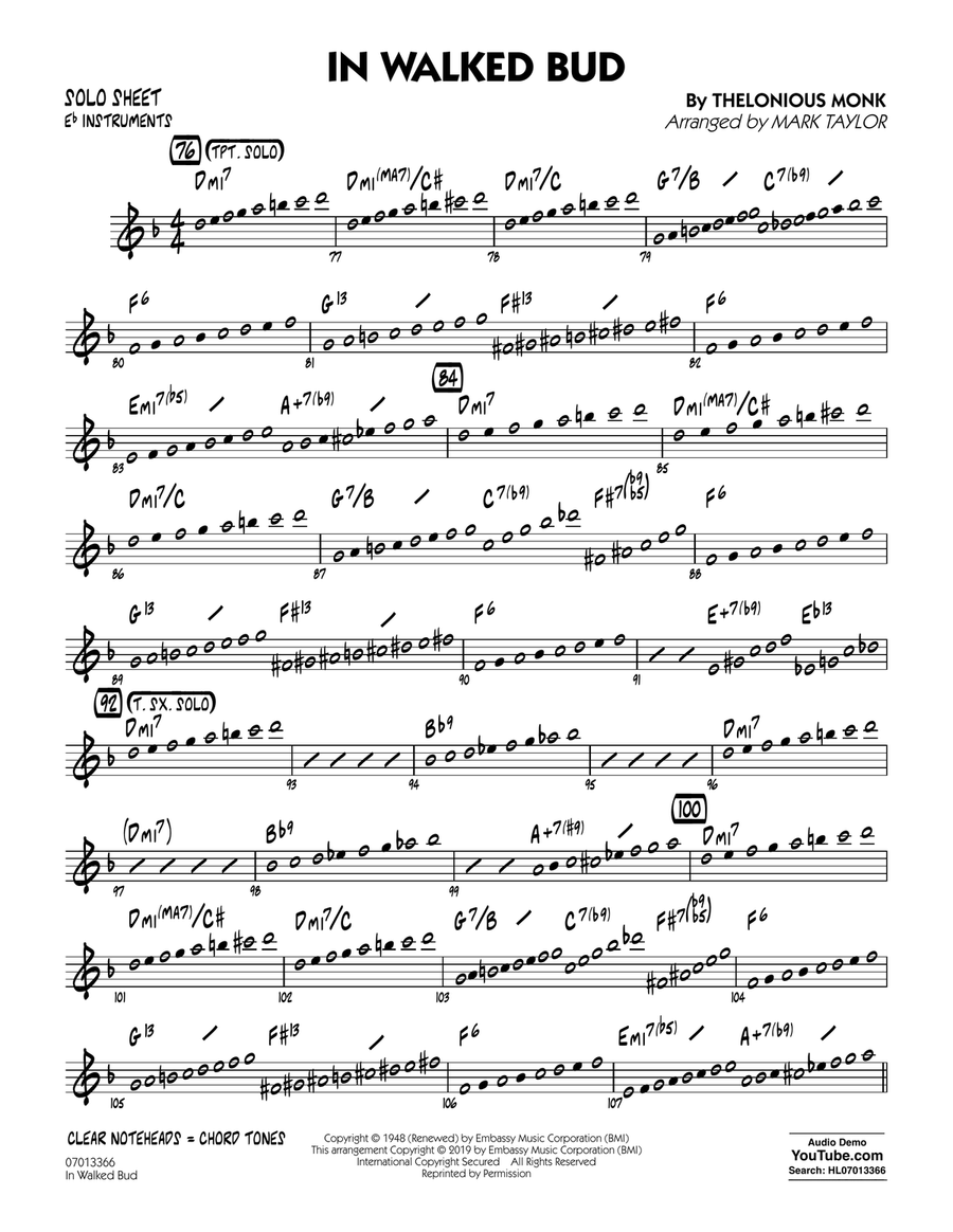 In Walked Bud (arr. Mark Taylor) - Eb Solo Sheet