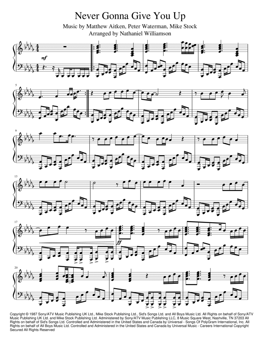 Never Gonna Give You Up Piano Solo scores gallery preview page 1