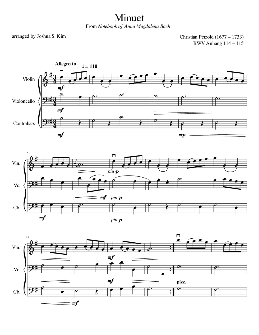 Minuet in G Major for String Trio (violin, cello, contrabass) - from Notebook of Anna Magdalena Bach String Trio scores gallery preview page 2