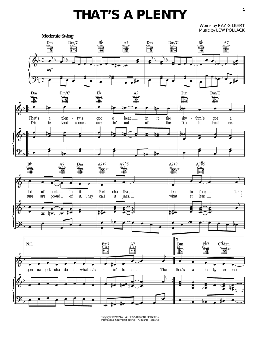 That's A Plenty Piano, Vocal, Guitar scores gallery preview page 1