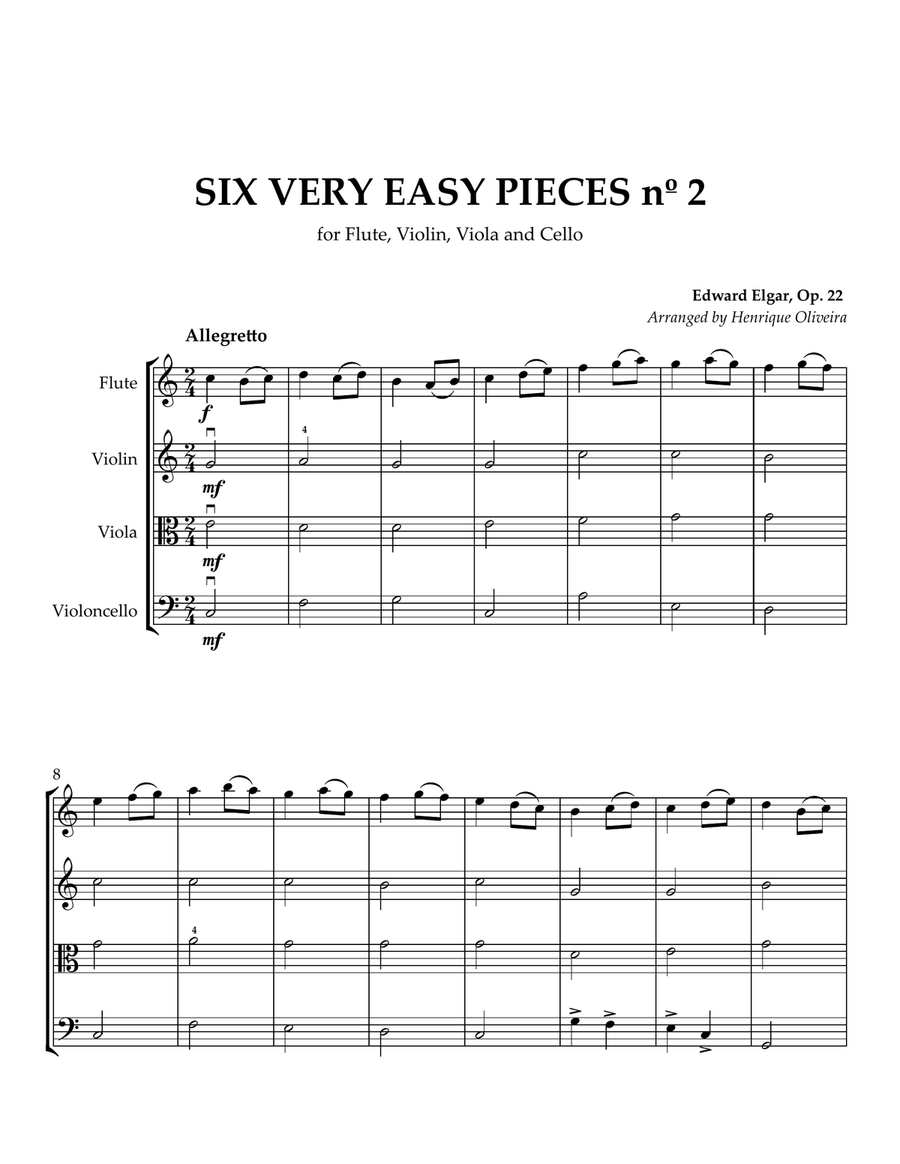 Six Very Easy Pieces nº 2 (Allegretto) - for Flute, Violin, Viola and Cello Small Ensemble scores gallery preview page 1