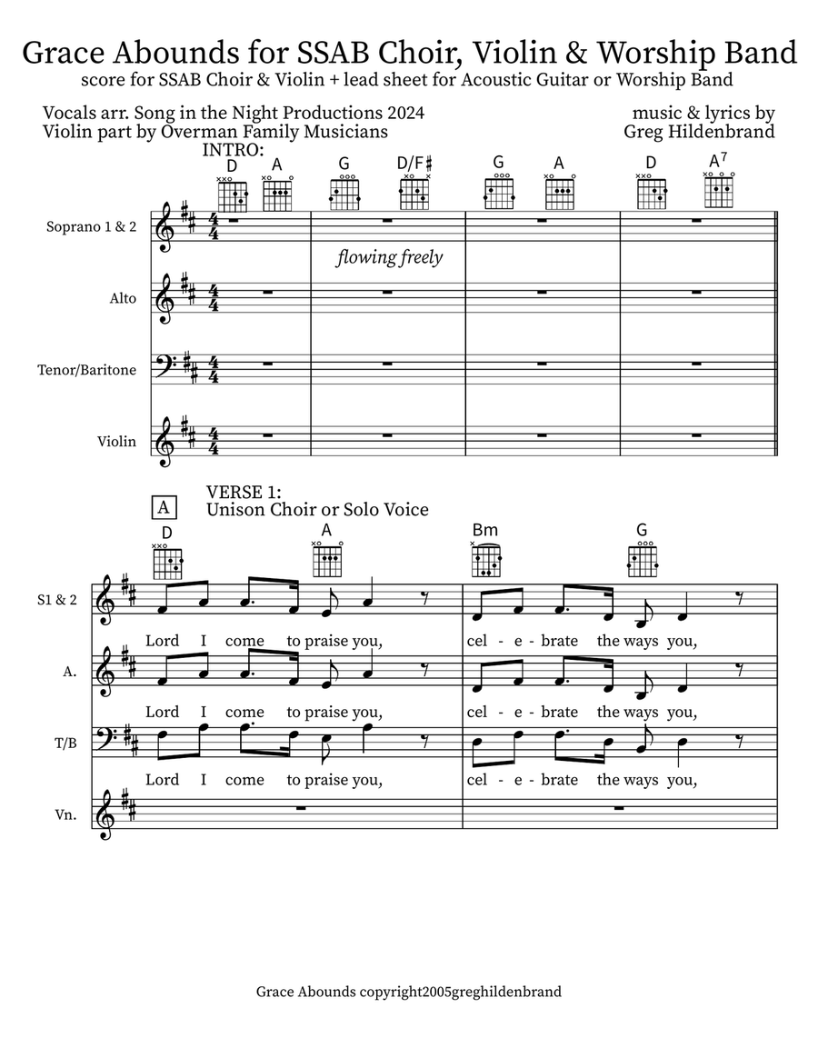 Grace Abounds for SSAB Choir, Violin & Worship Band 3-Part scores gallery preview page 1