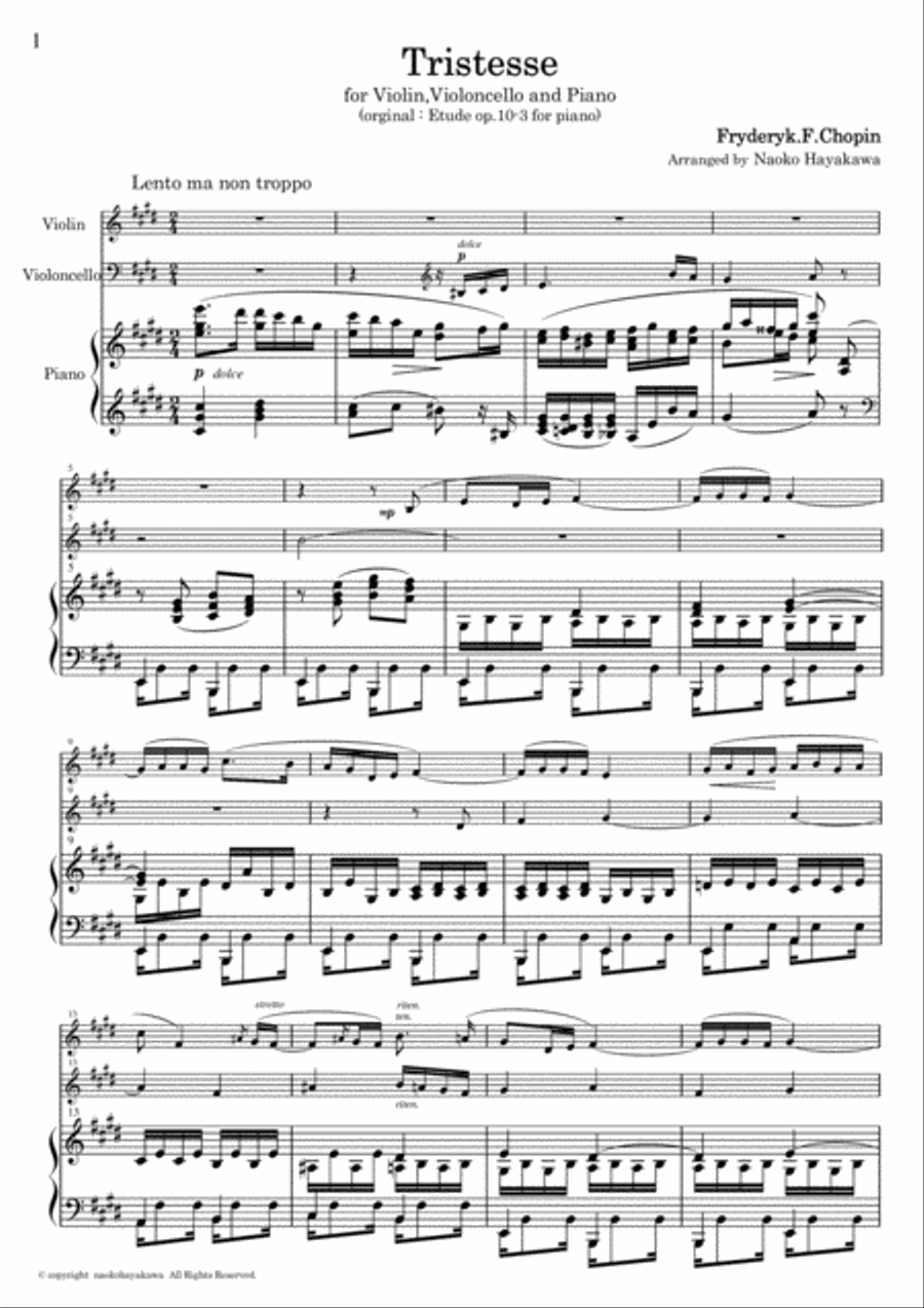 Chopin Etude op.10-3 for Trio (Violin,Cello & Piano) arr. by Naoko Hayakawa Piano Trio scores gallery preview page 2