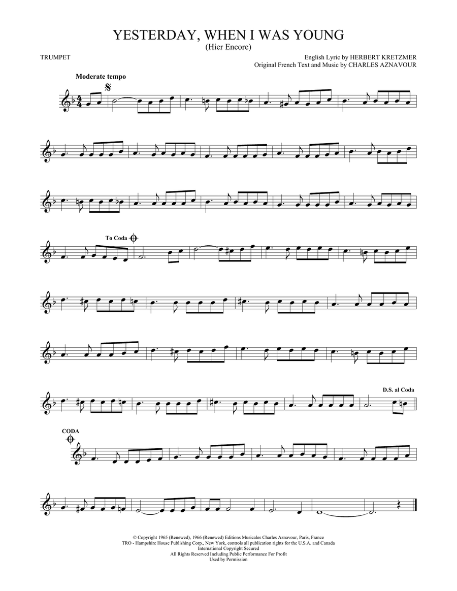 Yesterday, When I Was Young (Hier Encore) Trumpet Solo scores gallery preview page 1