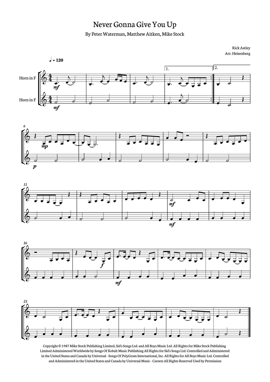 Never Gonna Give You Up Brass Duet scores gallery preview page 1