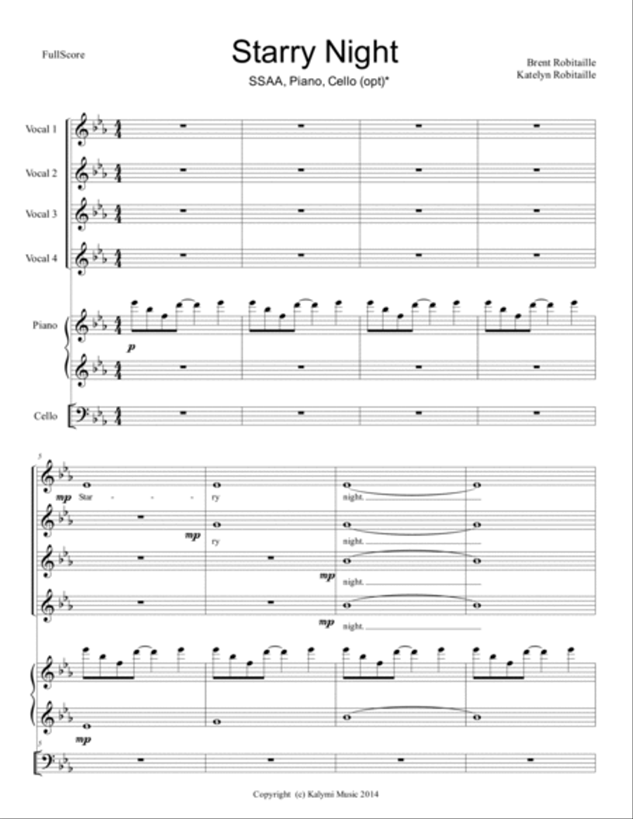 Starry Night - SSAA - 4-Part - Vocal Group - Piano - Cello SSAA scores gallery preview page 2