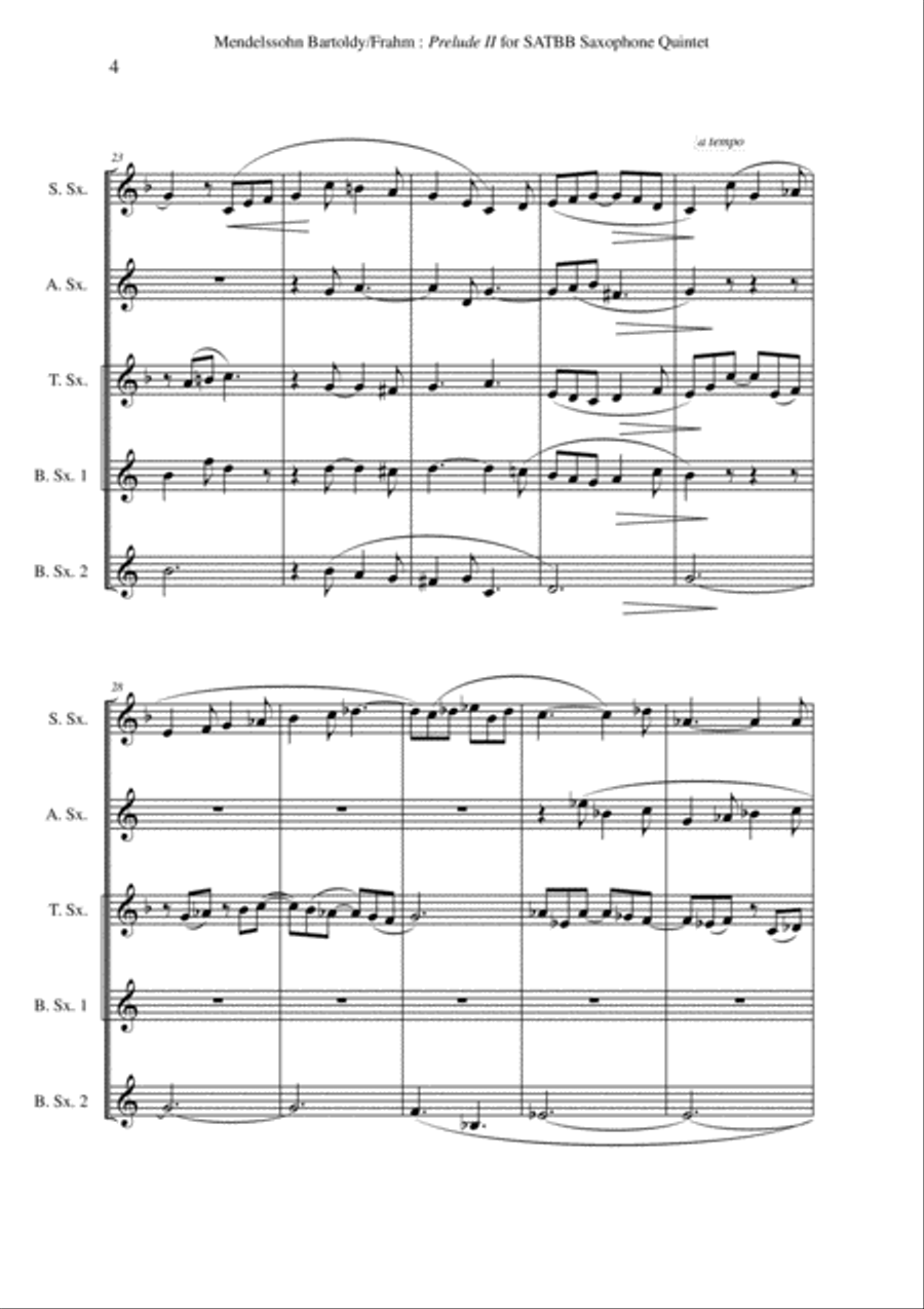 Felix Mendelssohn-Bartholdy: Prelude 2, opus 37, no. 2 arranged for SATBB(bs) saxophone quintet Saxophone Quintet scores gallery preview page 4