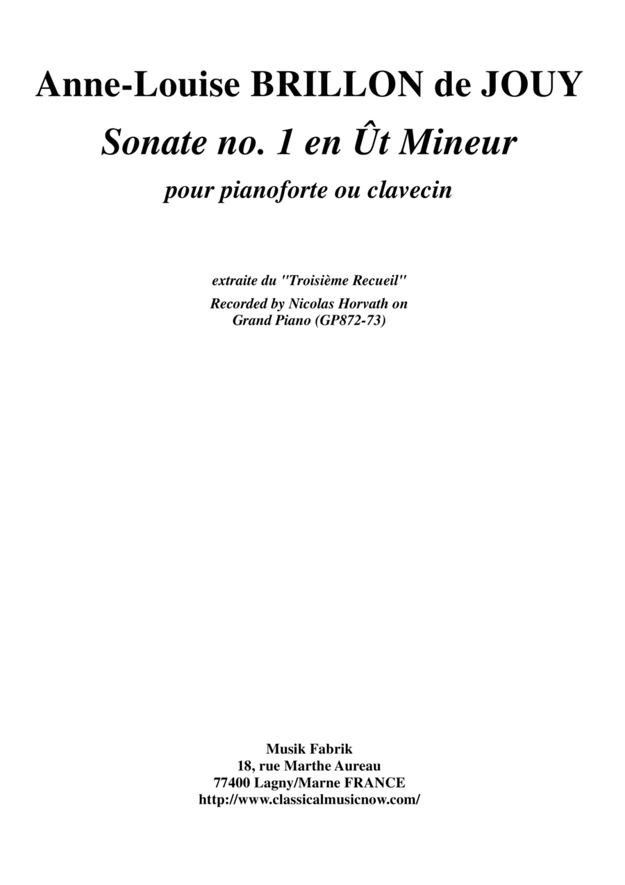 Anne-Louise Brillon de Jouy: Sonata no. 1 in c minor for piano or harpsichord Harpsichord scores gallery preview page 1
