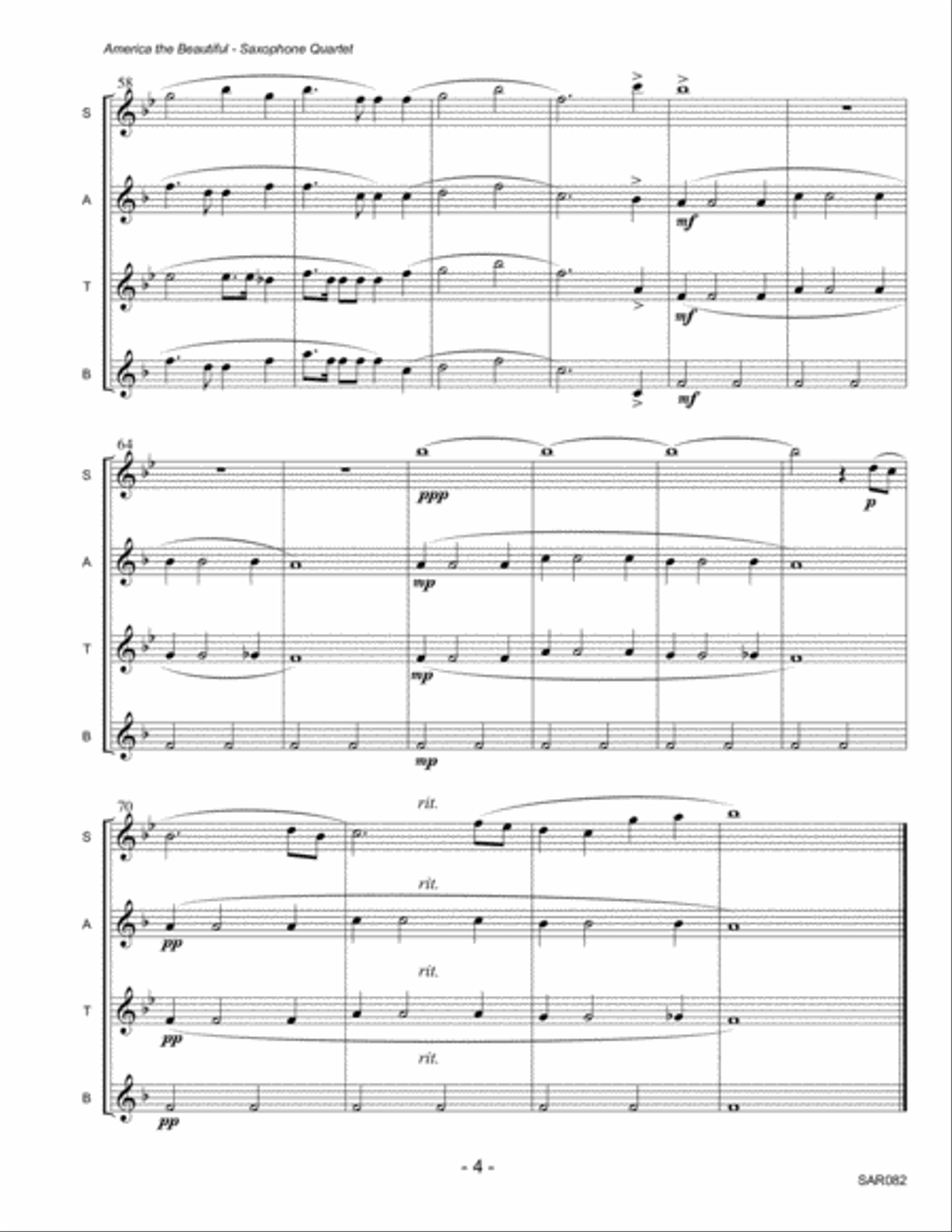 AMERICA THE BEAUTIFUL arranged for SAXOPHONE QUARTET (SATB or AATB) Saxophone Quartet scores gallery preview page 4