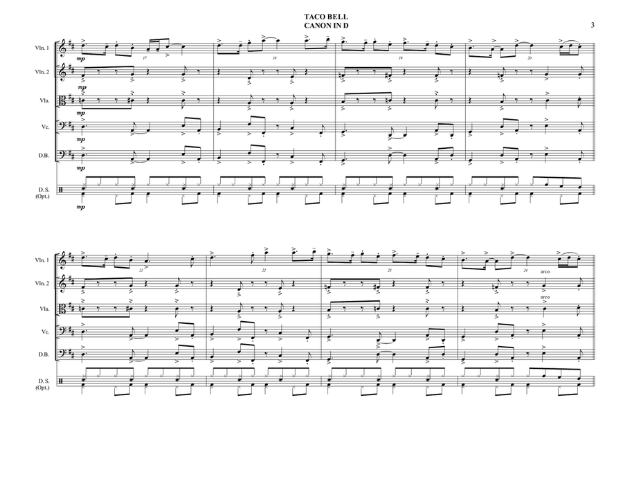 TACO BELL CANON IN D - String Orchestra - Bossa Nova String Orchestra scores gallery preview page 3