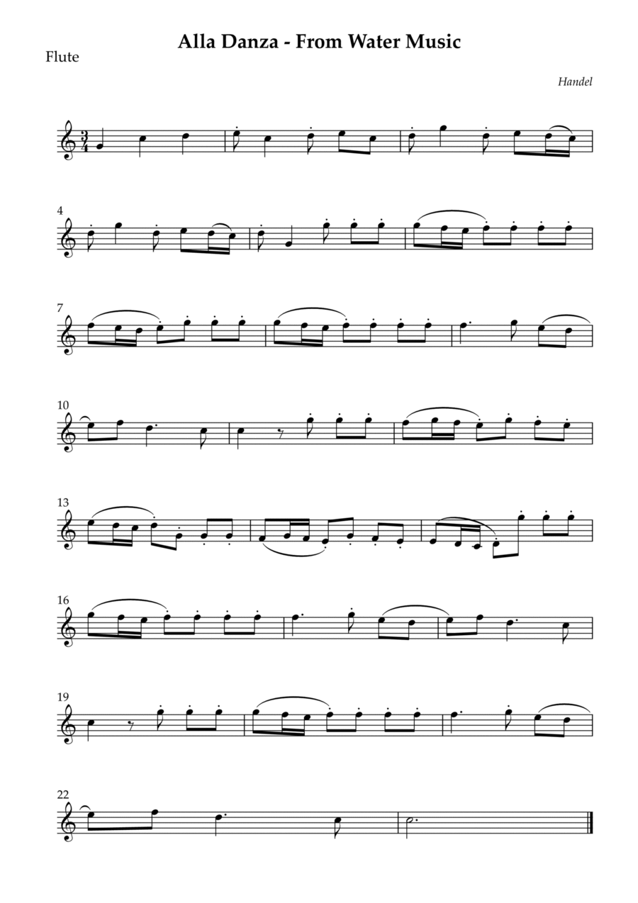 Alla Danza (From Water Music) Flute Solo scores gallery preview page 1