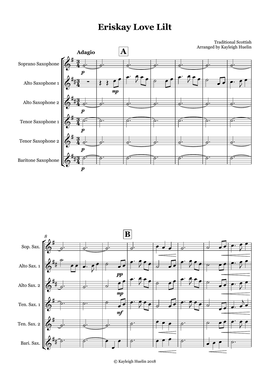Eriskay Love Lilt - Saxophone sextet (SAATTB) by Traditional Woodwind Ensemble - Digital Sheet Music