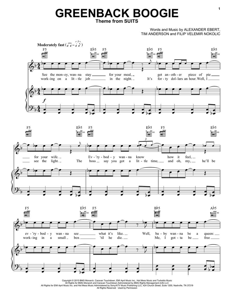 Greenback Boogie (Theme from Suits) Piano, Vocal, Guitar scores gallery preview page 1