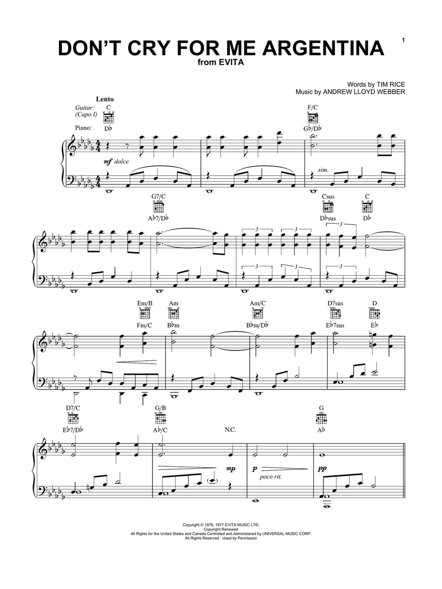 Don't Cry For Me Argentina Karaoke Piano Don't Cry For Me Argentina by Madonna - Piano, Vocal, Guitar - Digital