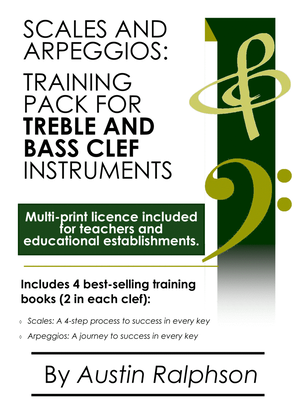 Scales and arpeggios book for all TREBLE AND BASS CLEF instruments - simple process to success