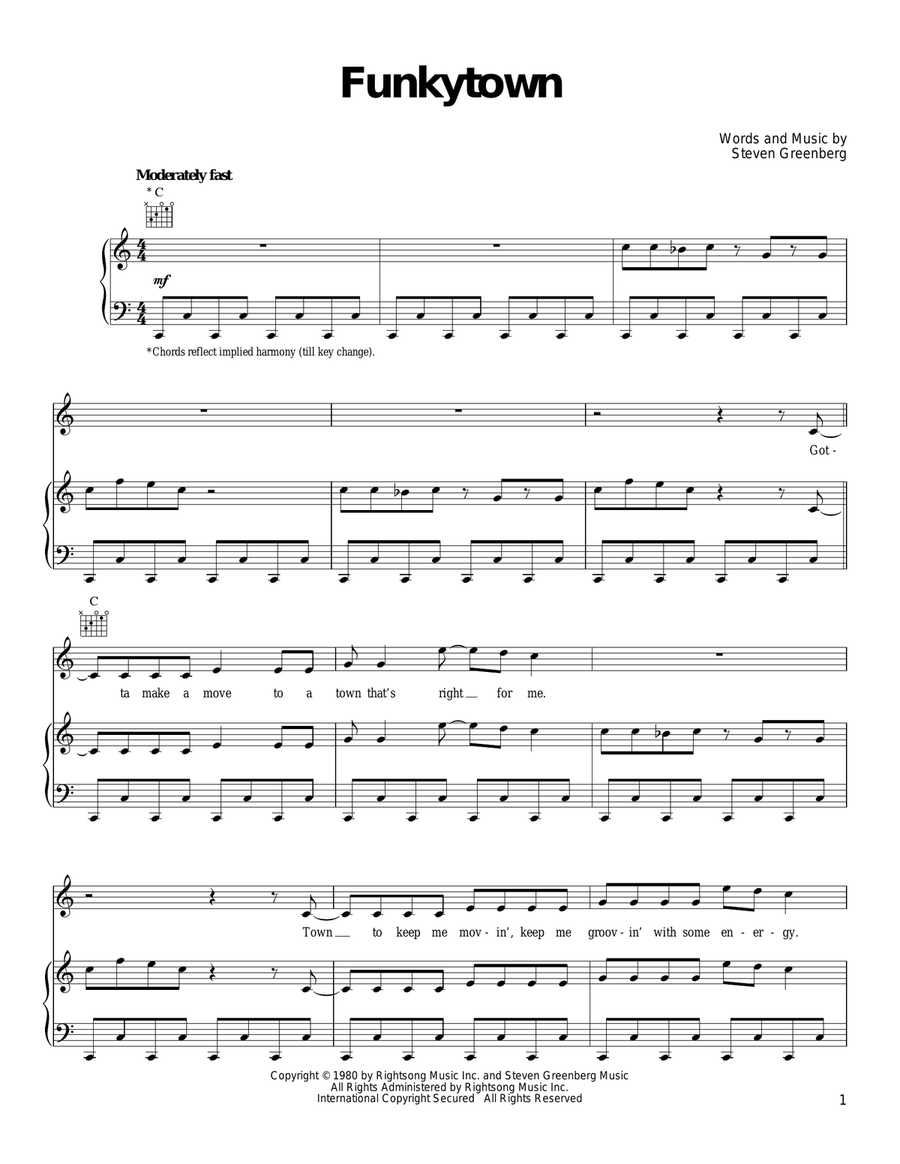 Funkytown Piano, Vocal, Guitar scores gallery preview page 1
