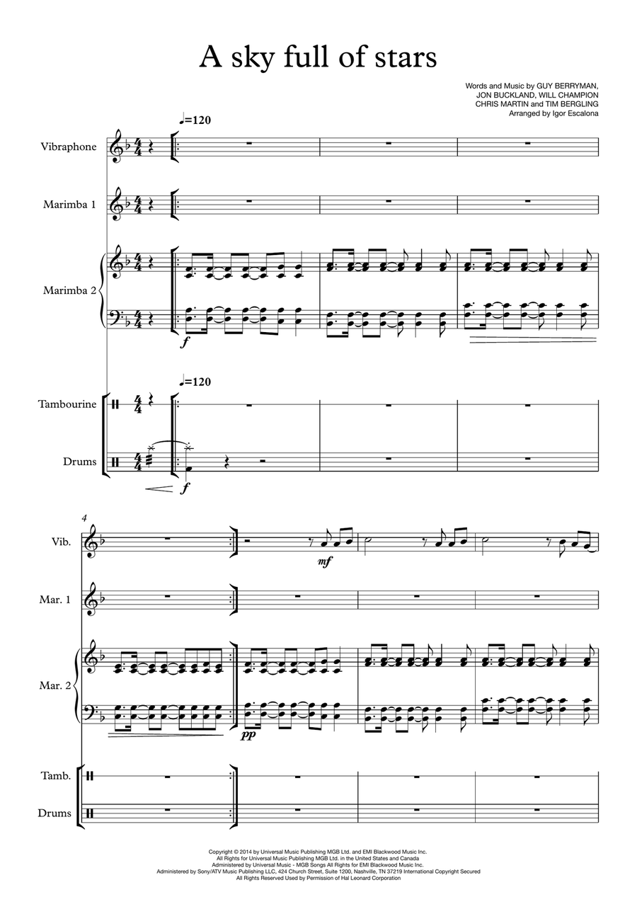 A Sky Full Of Stars Percussion Ensemble scores gallery preview page 3