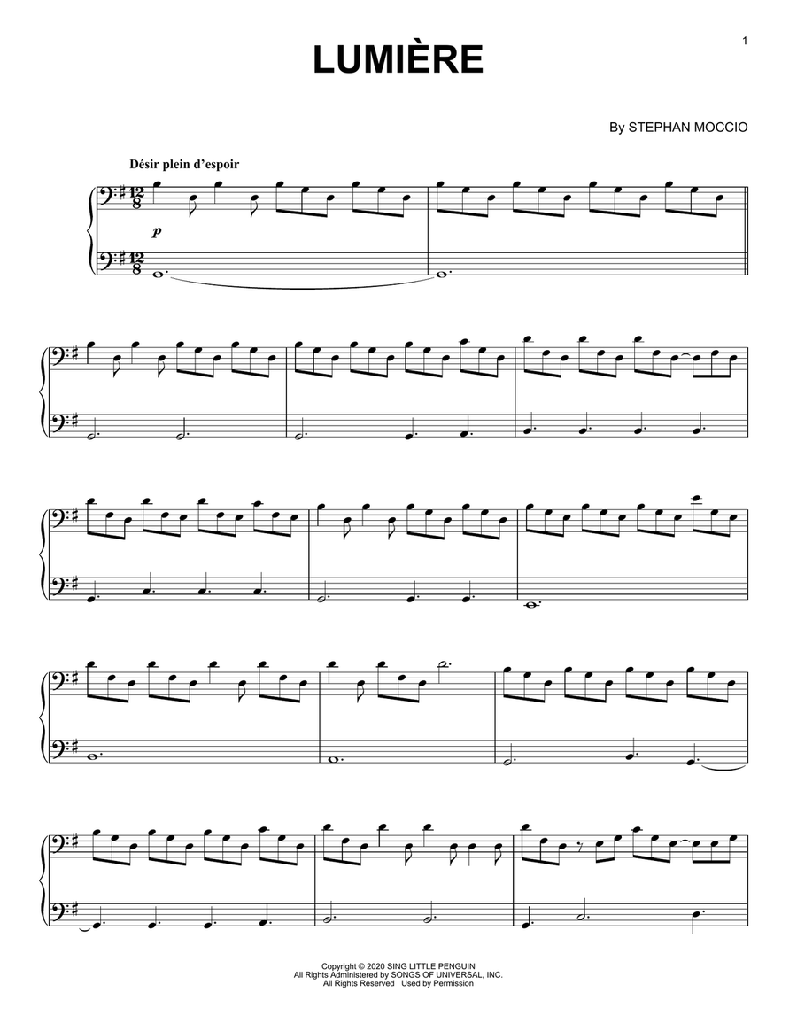 Lumiere Piano Solo scores gallery preview page 1