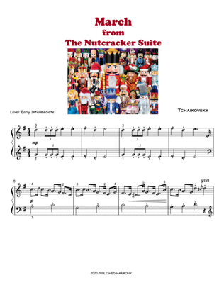 Book cover for March from The Nutcracker Suite (Easy Piano for Grade 2) with note names and fingering guide