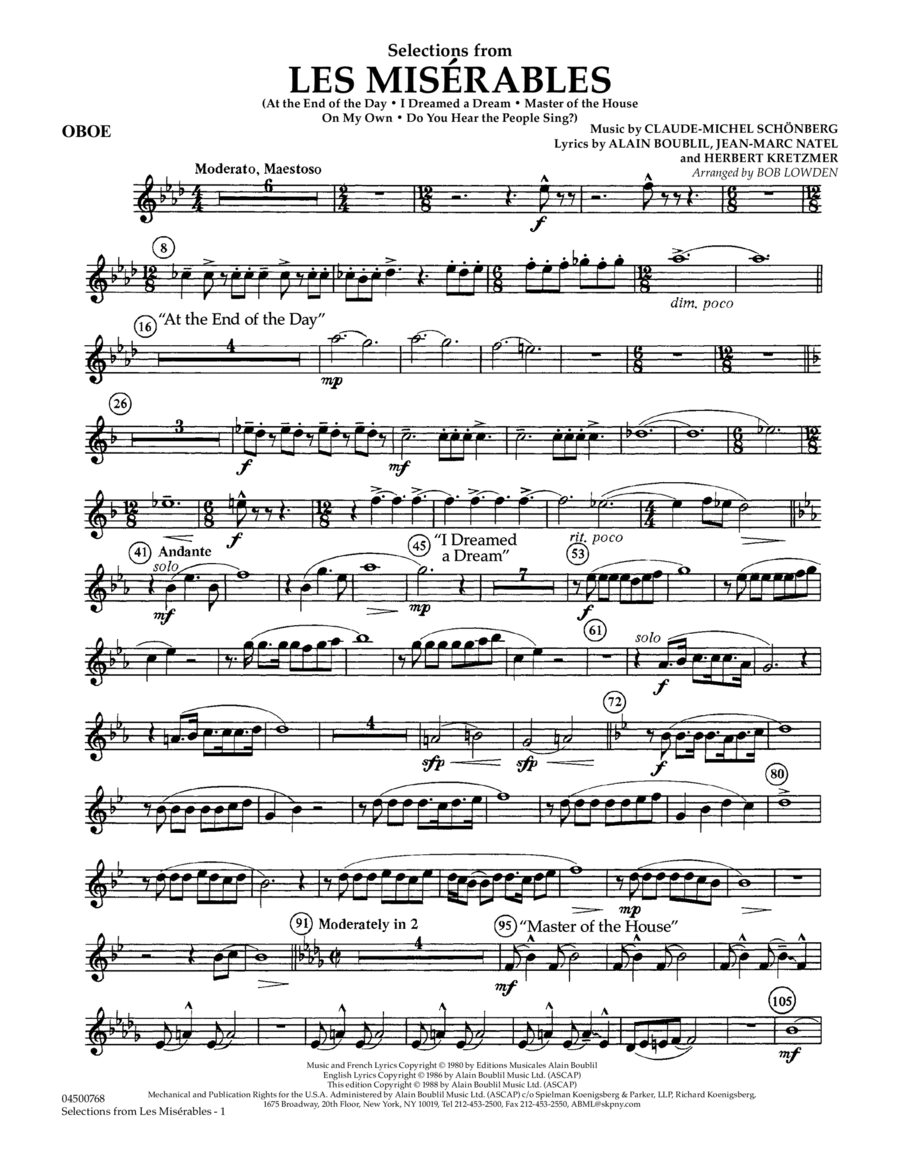 Selections from Les Miserables (arr. Bob Lowden) - Oboe