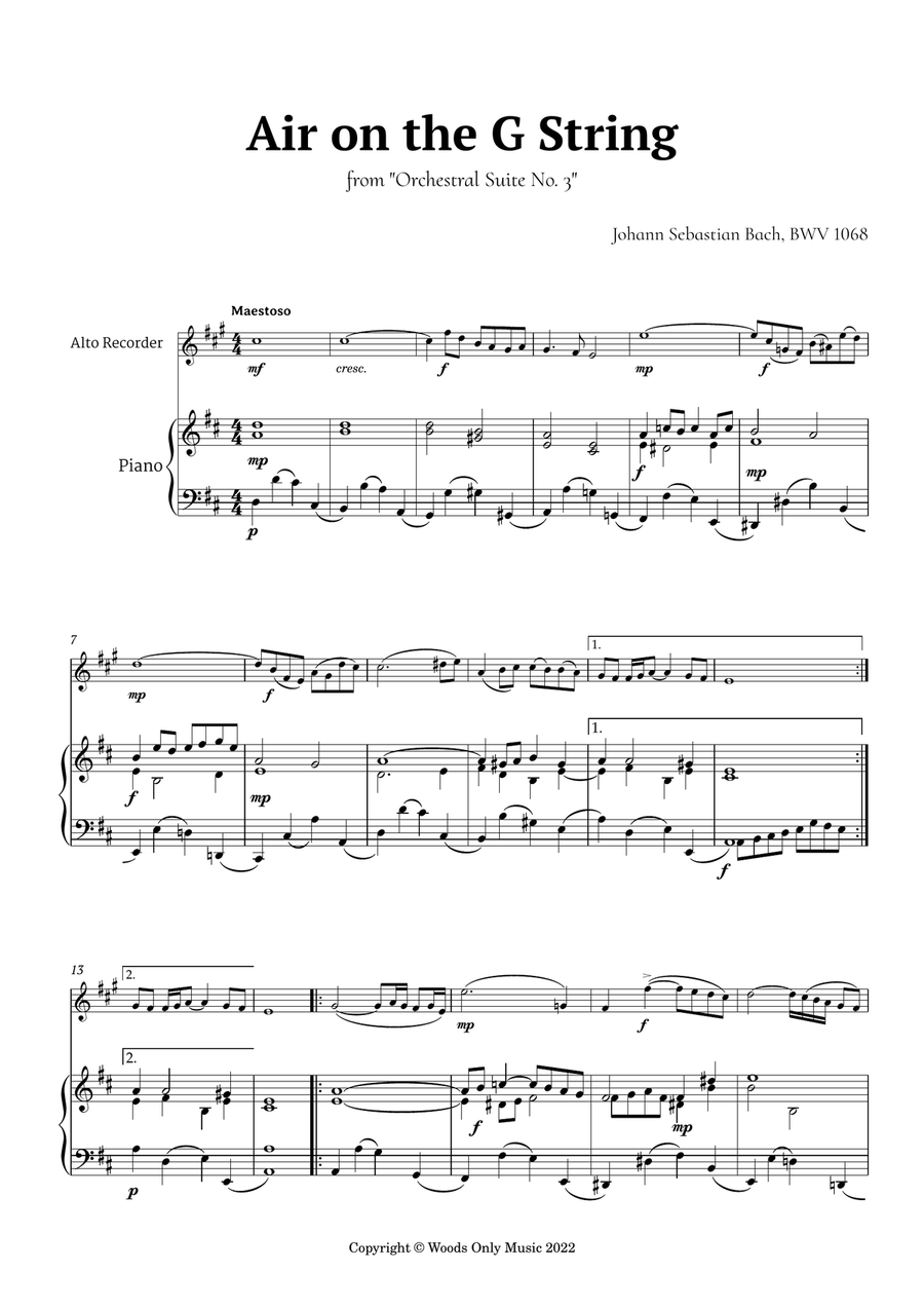 Air on the G String by Bach for Alto Recorder and Piano Alto Recorder scores gallery preview page 2