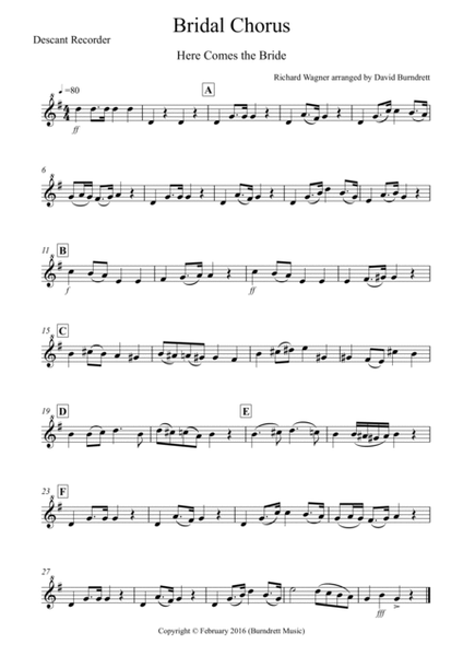Bridal Chorus "Here Comes The Bride" for Descant Recorder and Piano image number null