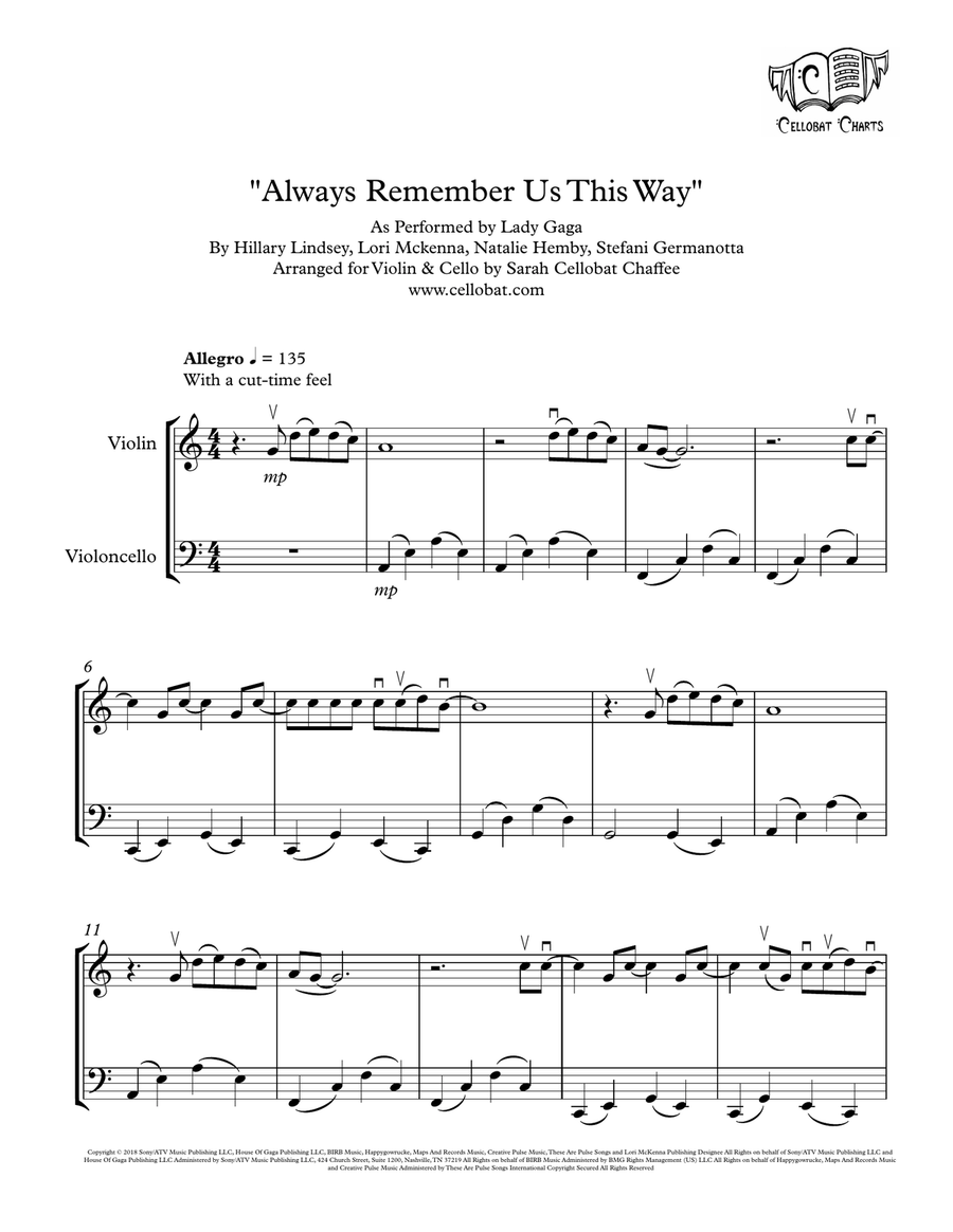 Always Remember Us This Way String Duet scores gallery preview page 1