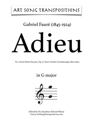 Book cover for FAURÉ: Adieu, Op. 21 no. 3 (transposed to 8 keys: G, G-flat, F, E, E-flat, D, D-flat, C major)
