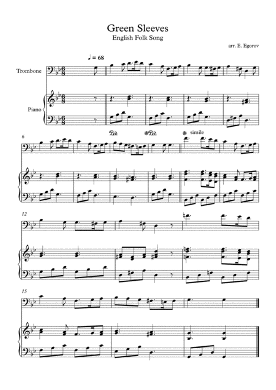 Greensleeves (What Child is This), English Folk Song, For Trombone & Piano Piano Accompaniment scores gallery preview page 1