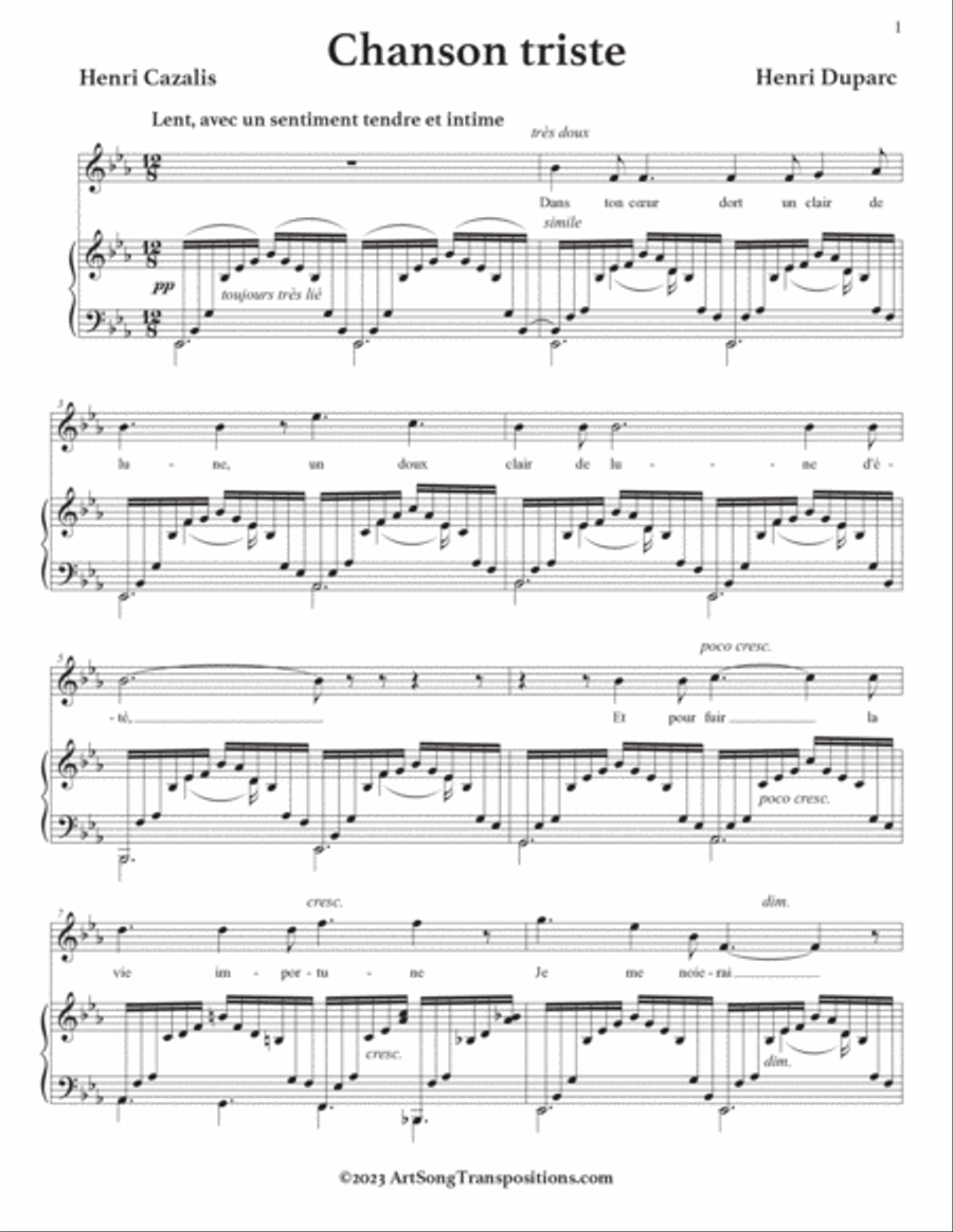 DUPARC: Chanson triste (transposed to E-flat major) Voice scores gallery preview page 2