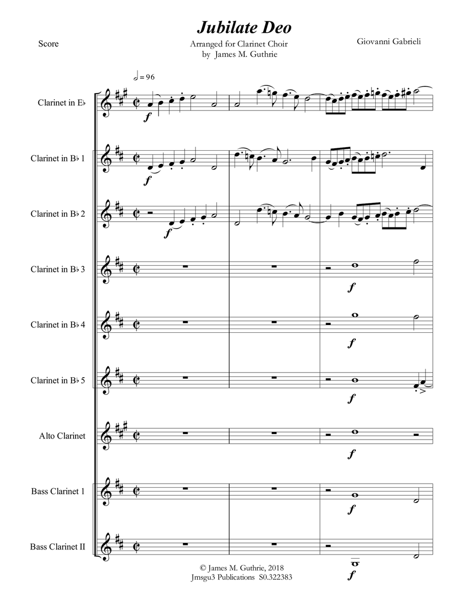 Gabrieli: Jubilate Deo Ch. 136 for Clarinet Choir Clarinet Choir scores gallery preview page 1