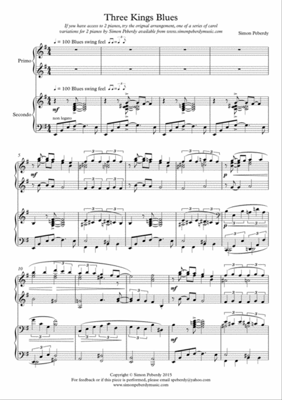 Three Kings Blues, for piano duet variations on the Christmas carol 
