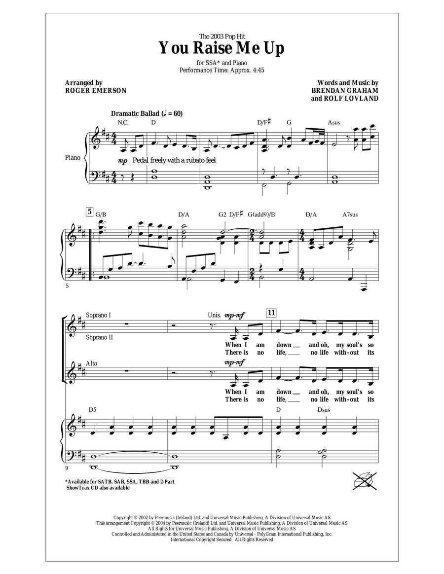 You Raise Me Up (arr. Roger Emerson) SSA scores gallery preview page 1
